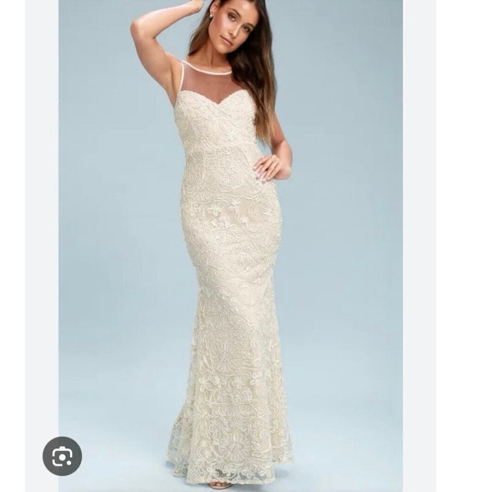 Lulu’s Women’s Nathalie Cream Embroidered Maxi Wedding Dress Size L MSRP 178$